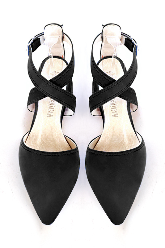 Matt black women's open back shoes, with crossed straps. Tapered toe. Low flare heels. Top view - Florence KOOIJMAN